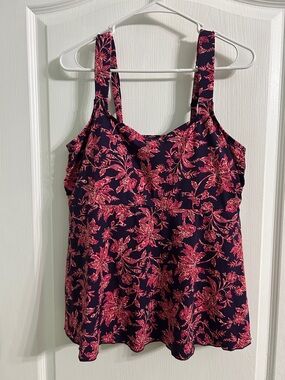 Lands' End Navy Tankini Swim top with Pink Floral Print. Size L (14-16)